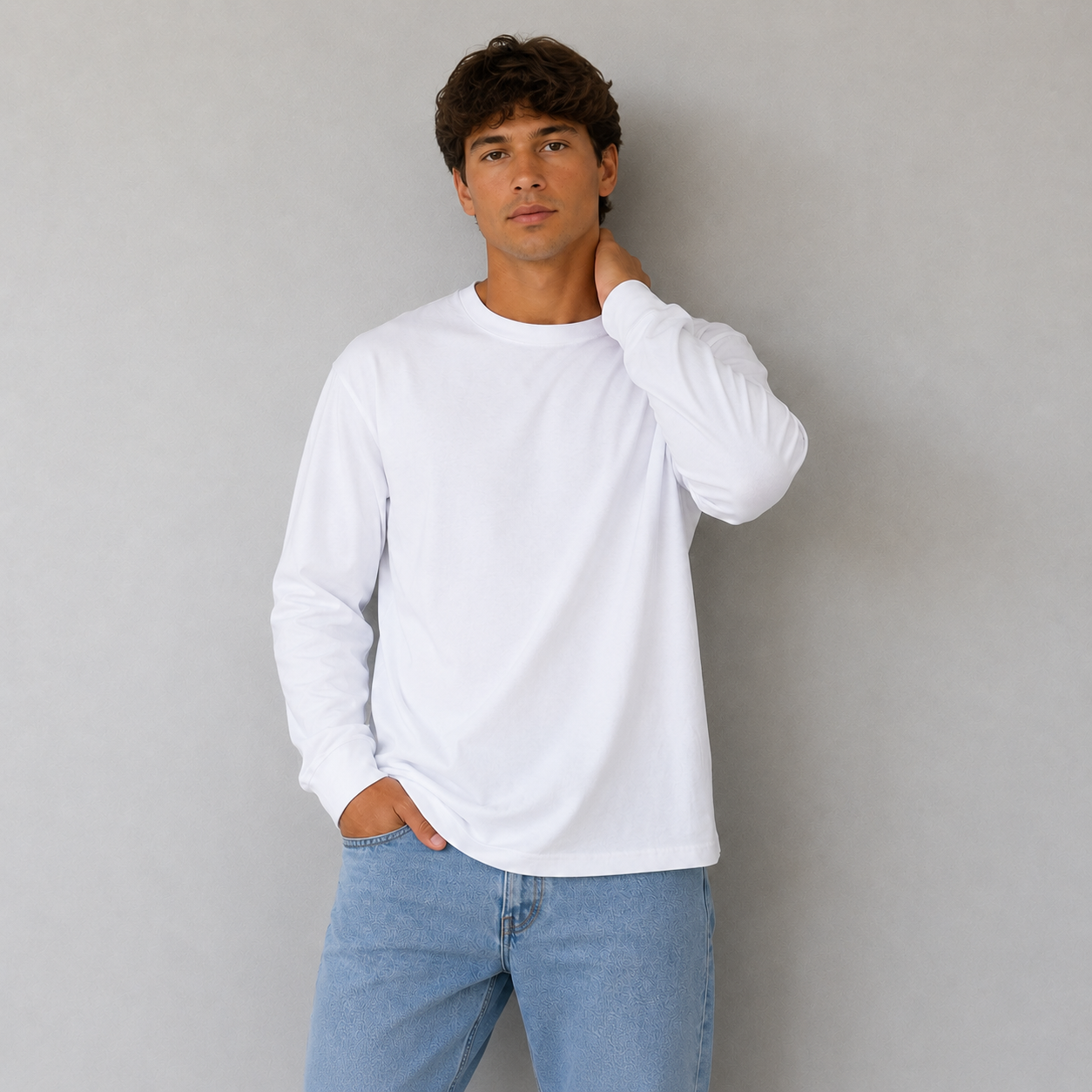 Heavyweight Pure Cotton Men's Long-Sleeve Crew Neck – Soft, Shape-Retaining, Classic & Versatile Casual Top