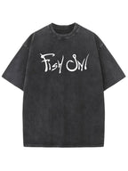 1pc, 230g Washed Fish Hook Letter | Refreshing Daily Breathable Sweat-absorbing Pattern Print, Batik Thickness Outdoor Summer, Crew Neck, Casual Style, Perfect for Adults, All-season Fit, Sweat-Resistant