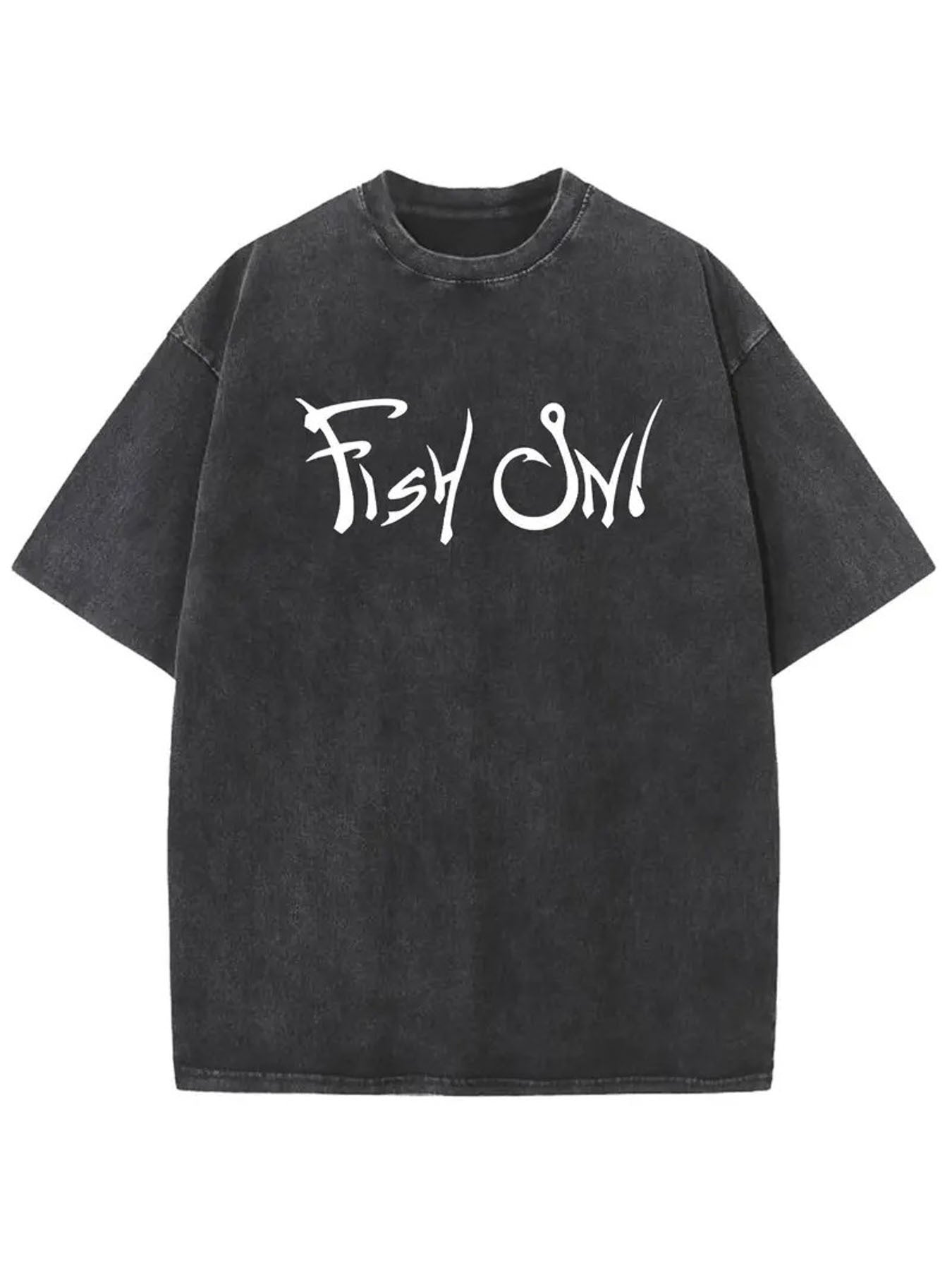 1pc, 230g Washed Fish Hook Letter | Refreshing Daily Breathable Sweat-absorbing Pattern Print, Batik Thickness Outdoor Summer, Crew Neck, Casual Style, Perfect for Adults, All-season Fit, Sweat-Resistant
