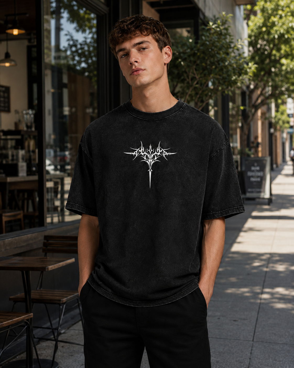 Vintage-Wash Distressed Short-Sleeve T-Shirt | Gothic Thorn Cross Double-Sided Print | Dark Subculture Style | Unisex Oversized Fit