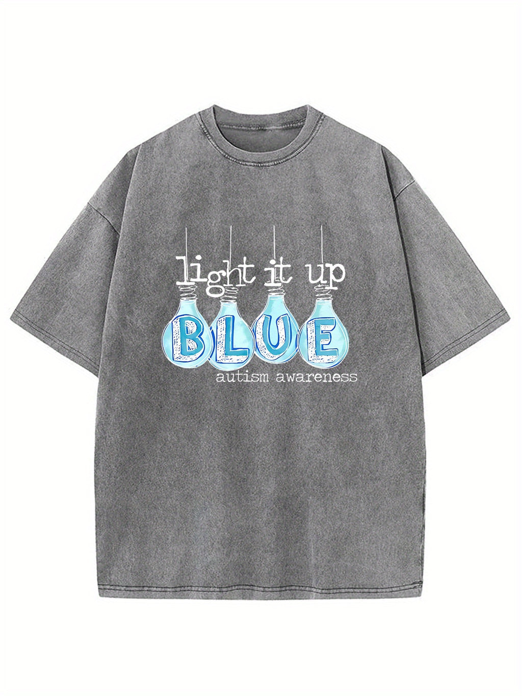 1pc Vintage Street Style Cotton T-Shirt- 230g Washed Fabric, "Light Up Blue" Hope and Friendship Pattern Print, Loose Fit Short Sleeve Round Neck Adult Top, All-Season Casual Wear& Holiday Gift