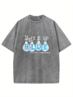 1pc Vintage Street Style Cotton T-Shirt- 230g Washed Fabric, "Light Up Blue" Hope and Friendship Pattern Print, Loose Fit Short Sleeve Round Neck Adult Top, All-Season Casual Wear& Holiday Gift