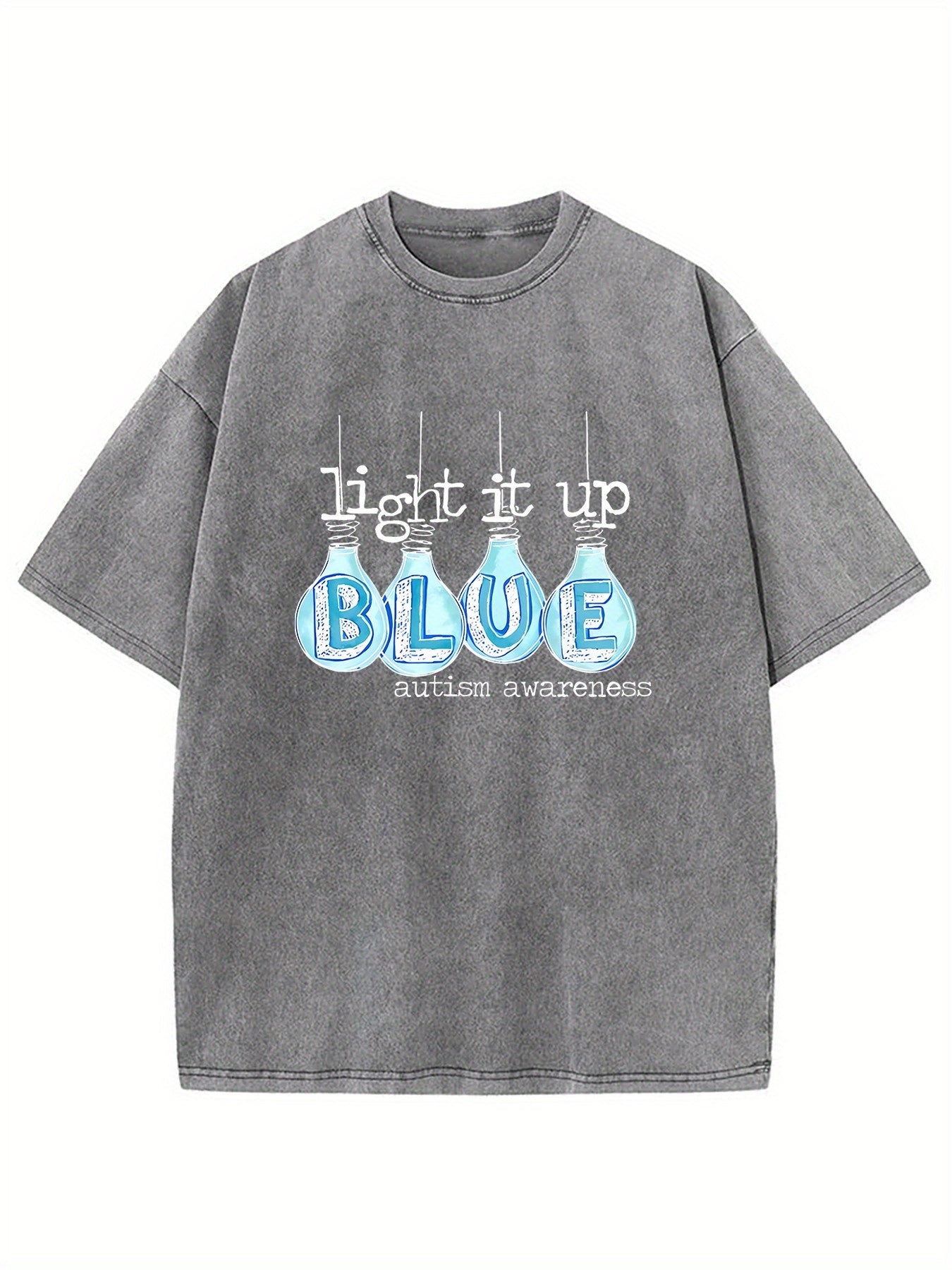 1pc Vintage Street Style Cotton T-Shirt- 230g Washed Fabric, "Light Up Blue" Hope and Friendship Pattern Print, Loose Fit Short Sleeve Round Neck Adult Top, All-Season Casual Wear& Holiday Gift
