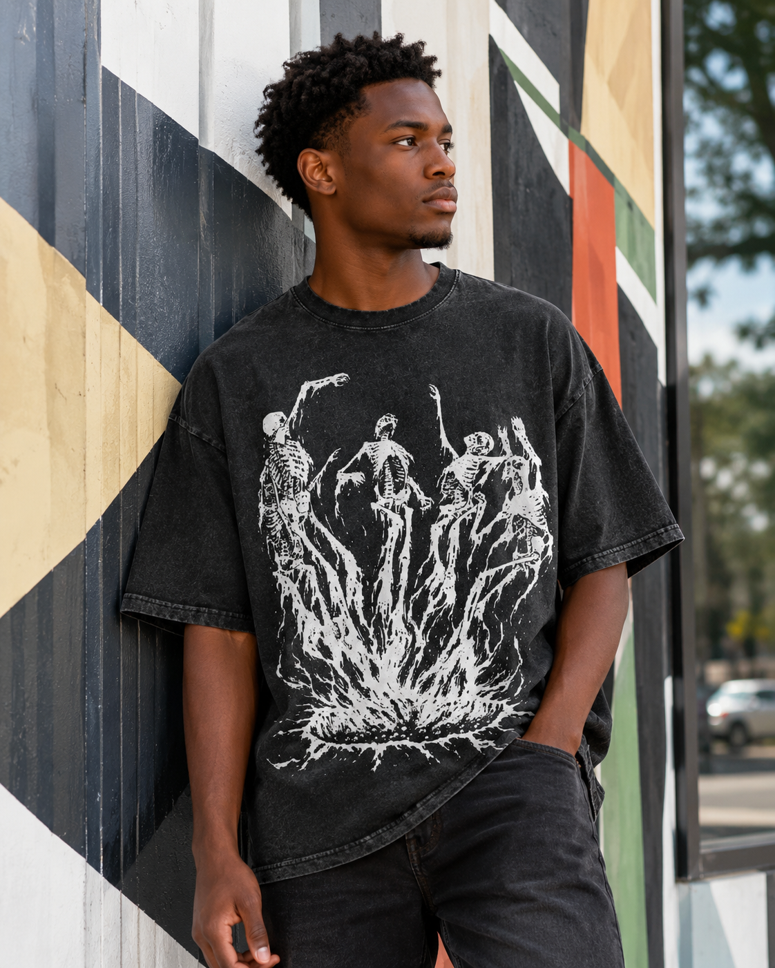 Acid-Washed Vintage Short-Sleeve T-Shirt | Dark Fantasy Flame Monster Graphic — American High-Street Oversized Unisex Tee