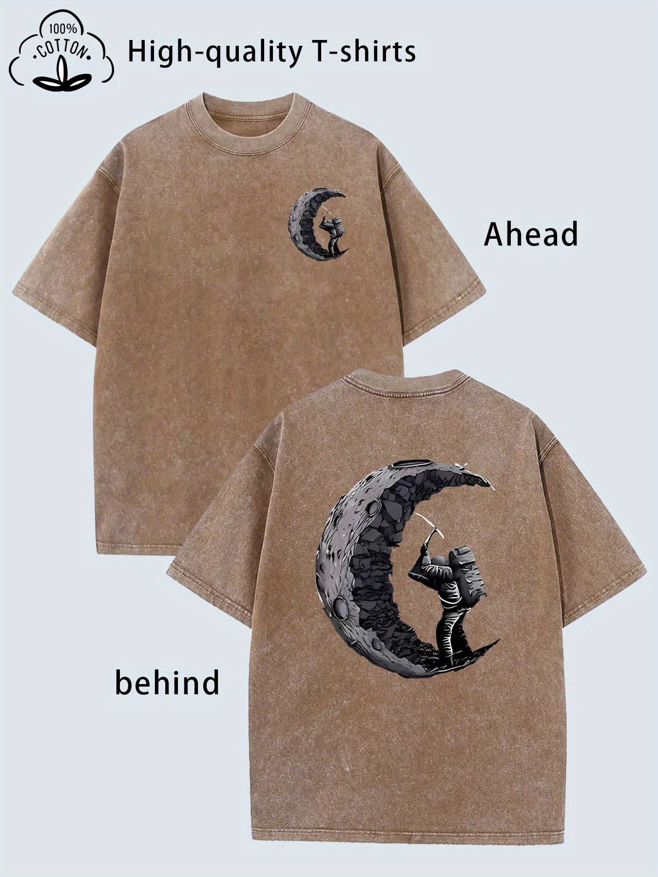 Men's Heavy-Duty Vintage Washed Astronaut & Moon Print T-Shirt - Soft Breathable Fabric, Loose Fit Retro Streetwear Style with Front/Back Space Design, Plus & Tall Sizes for all-Season Casual Wear (Crew Neck Short Sleeve)