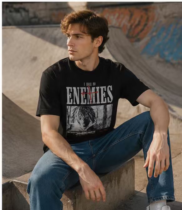 Pure Cotton Vintage "I Have No Enemies" Anime Graphic T-Shirt – American Streetwear Style with Text & Portrait, Loose Fit, Drop-Shoulder Short Sleeve (Men's)