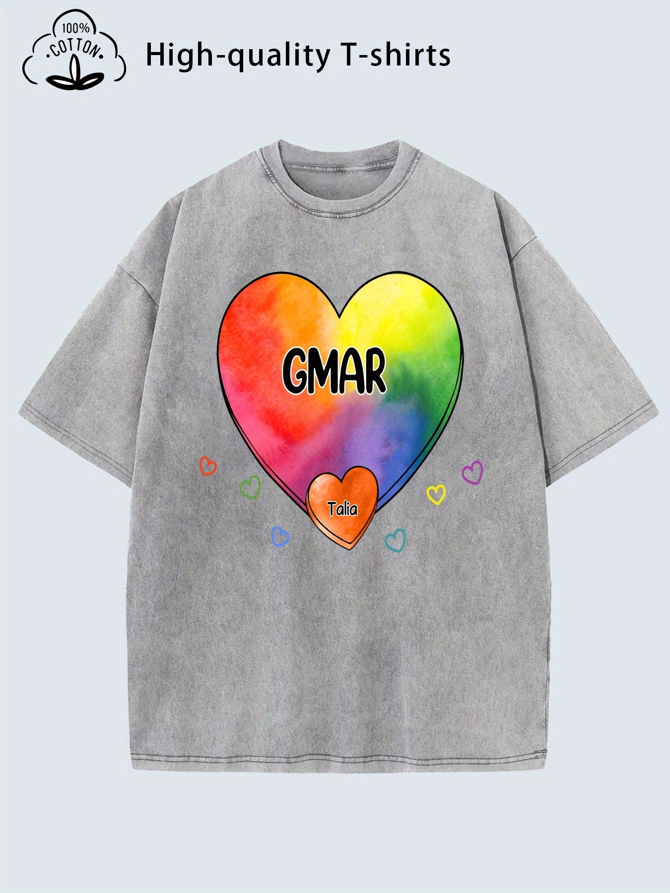 Women's Heavy Vintage Distressed Long Oversized Vintage 80s/90s Style Short Sleeve Top with Colorful Heart and GMAR Letter Print Soft Breathable Fabric Casual Loose Fit Machine Washable(Do Not Tumble Dry) 80s/90s Nostalgic Style Round Neck Loose Fit