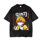 Zenitsu Demon Slayer Print Clothing Men Women Casual T-shirts Short Sleeve Washed T Shirt Vintage Cotton Tshirt Harajuku Tops Menswear Distressed