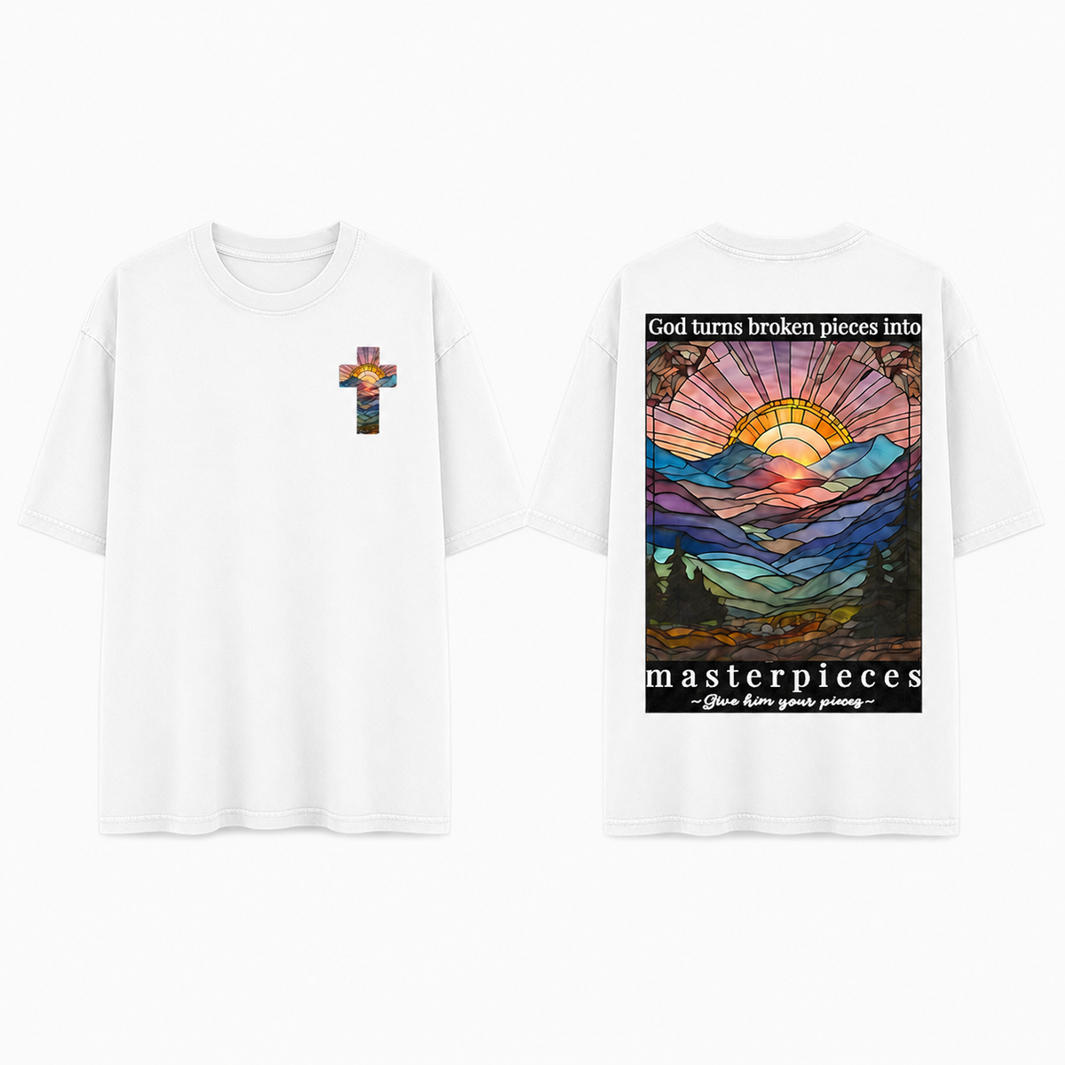 Heavyweight Vintage-Wash Boxy T-Shirt – Christian Faith-Inspired Graphic (Mountain & Cross) with Distressed Painted Effect & Motivational Quote