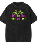 Men'S Vintage Washed 230G Heavyweight Cycling T-Shirt - Live to Ride Graphic with Bicycle Design, Thickened Breathable Fabric, Retro Batik Style Short Sleeve Round Neck Casual Tee for Bike Riding & Casual Attire
