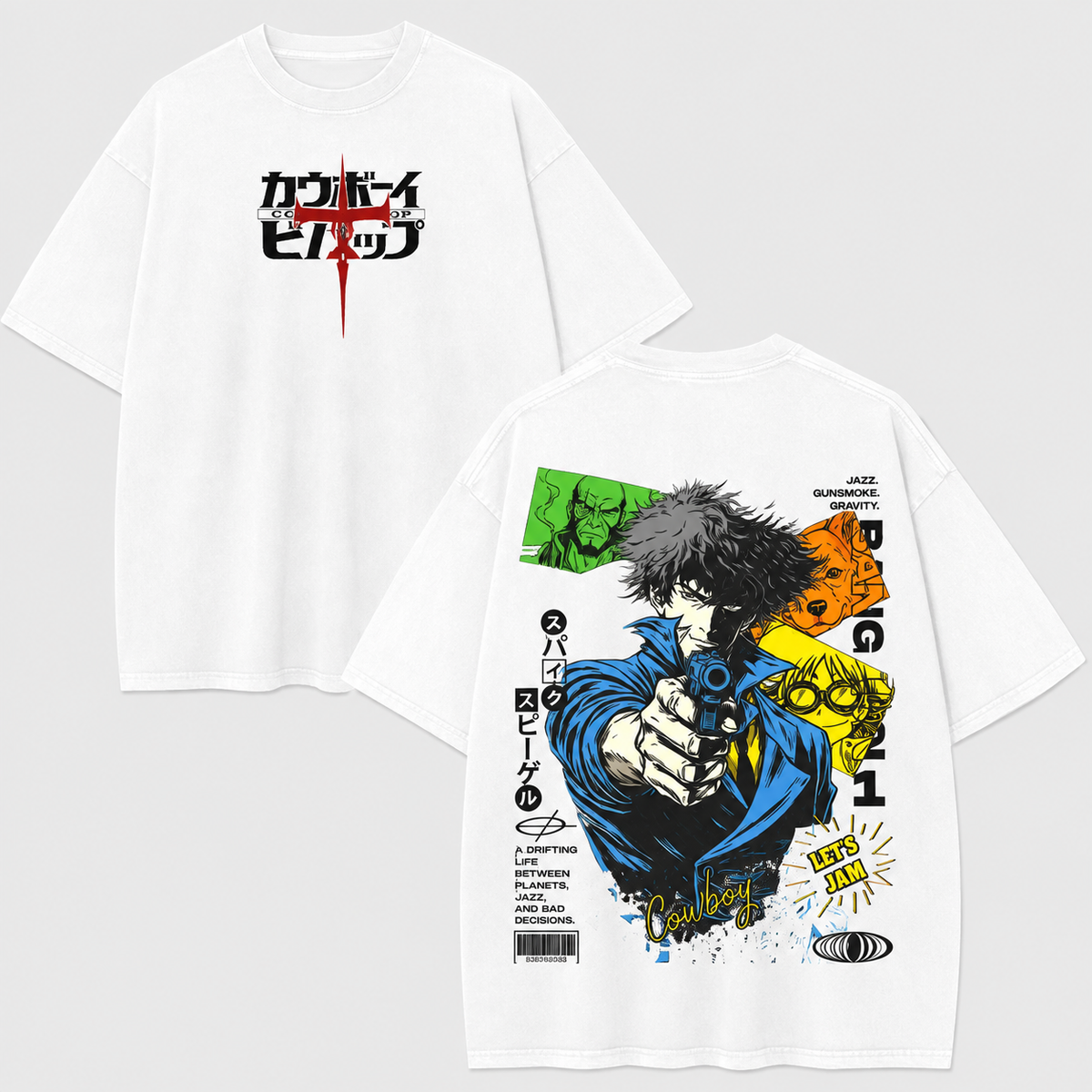 Vintage-Wash Short-Sleeve T-Shirt | Cowboy Bebop Double-Sided Print (Retro Cyber-Manga Style) | Unisex Oversized Fit