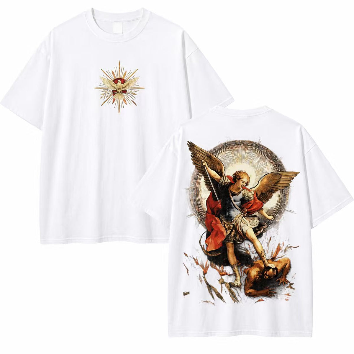 Vintage-Wash Short-Sleeve T-Shirt | Double-Sided Print Featuring the Religious Oil Painting of Archangel St. Michael | Unisex Oversized Fit