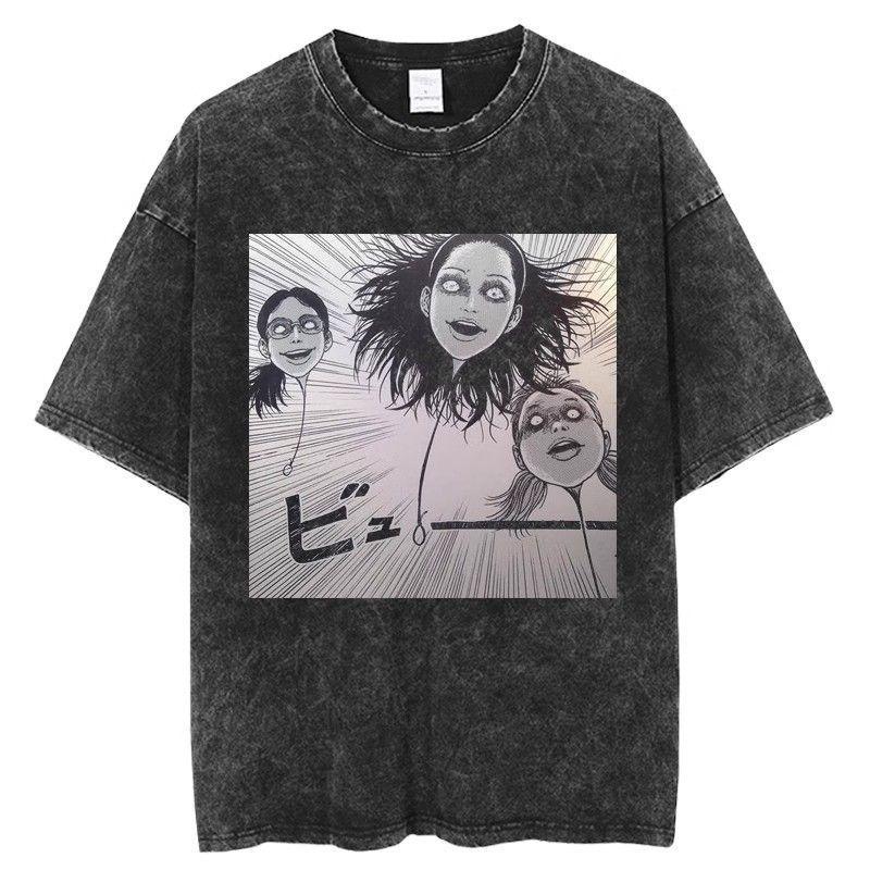 Japanese Tomie Junji Ito Tomie Vintage Washed Old Printed Short Sleeve T-Shirt Men's Ghost Destroyer Blade Top