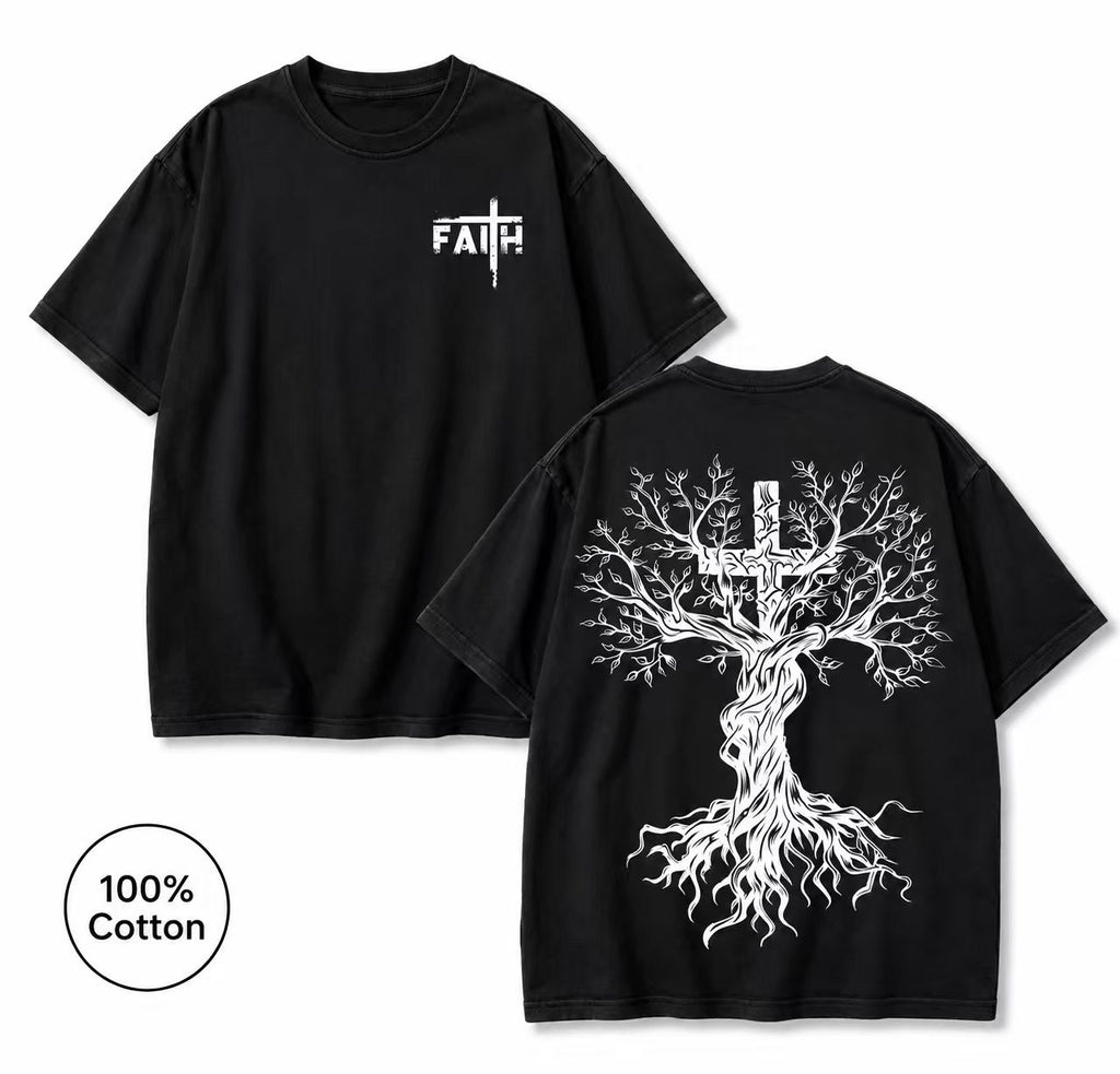 Men's Pure Cotton Vintage "FAITH" T-Shirt – Loose Fit, Drop-Shoulder, Short Sleeve – Tree of Life Cross Print