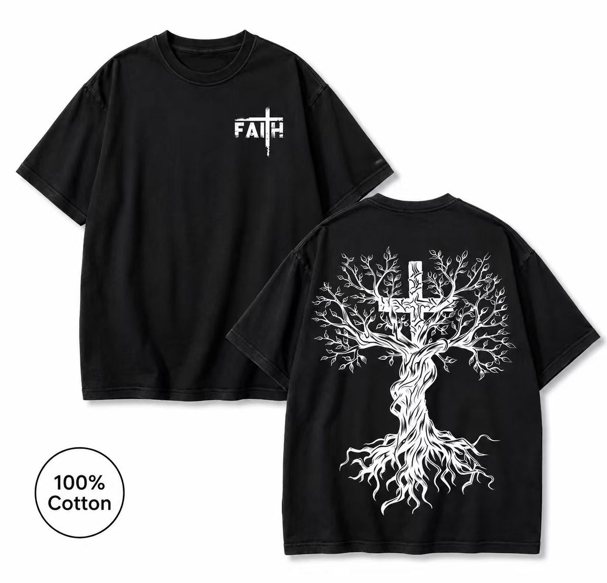 Men's Pure Cotton Vintage "FAITH" T-Shirt – Loose Fit, Drop-Shoulder, Short Sleeve – Tree of Life Cross Print