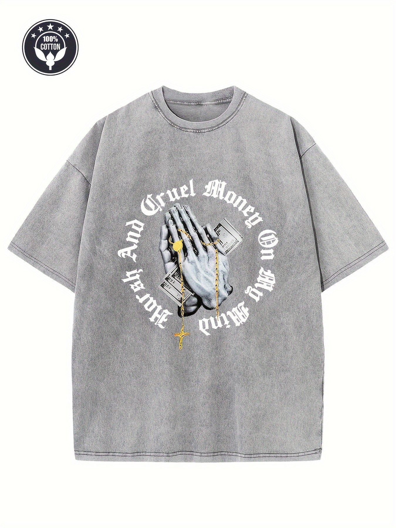 Heavyweight 230g Pure Oversize Drop Shoulder Washed T-Shirt | Creative Pattern Print, Vintage Street Style, Crew Neck, Unisex Couple Top, Hip-Hop, All-season Wear