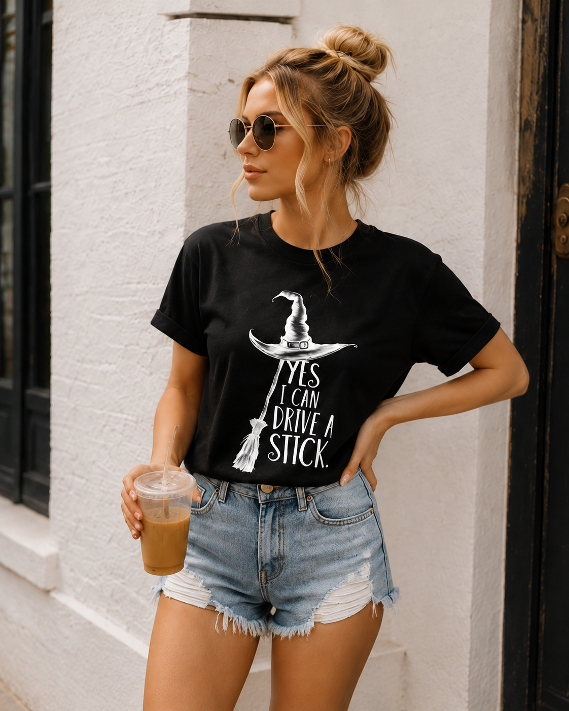 Women's Loose-Fit Oversized Cotton T-Shirt – Fun Halloween Graphic (Witch Hat & Broom)