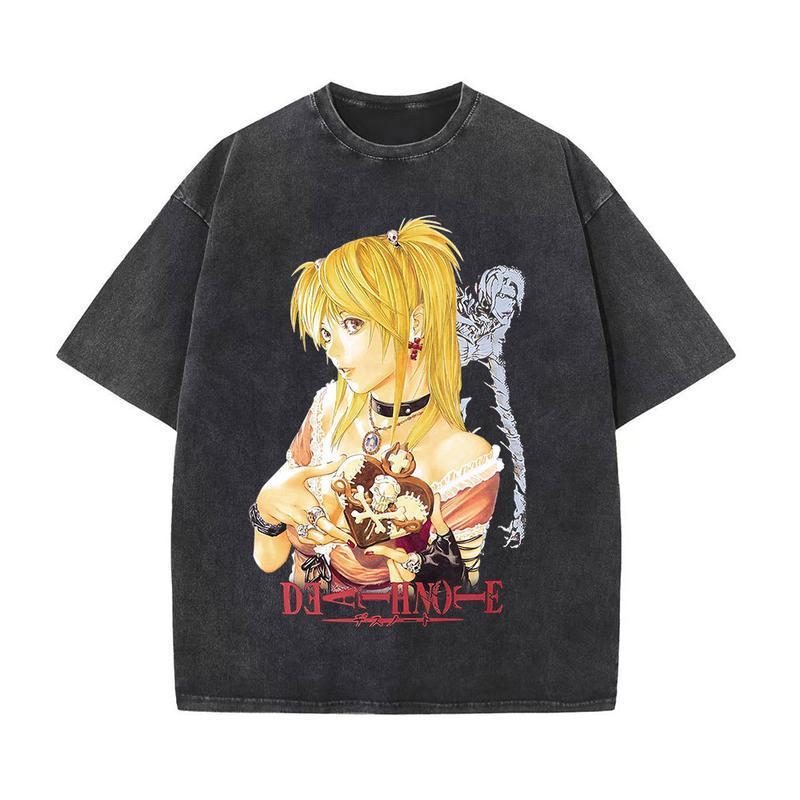 Harajuku Casual Cotton Vintage Short Sleeve Top Tee Hip Hop Retro Washed T-Shirts Punk Gothic Anime Death Note Print T-Shirts Menswear Distressed
