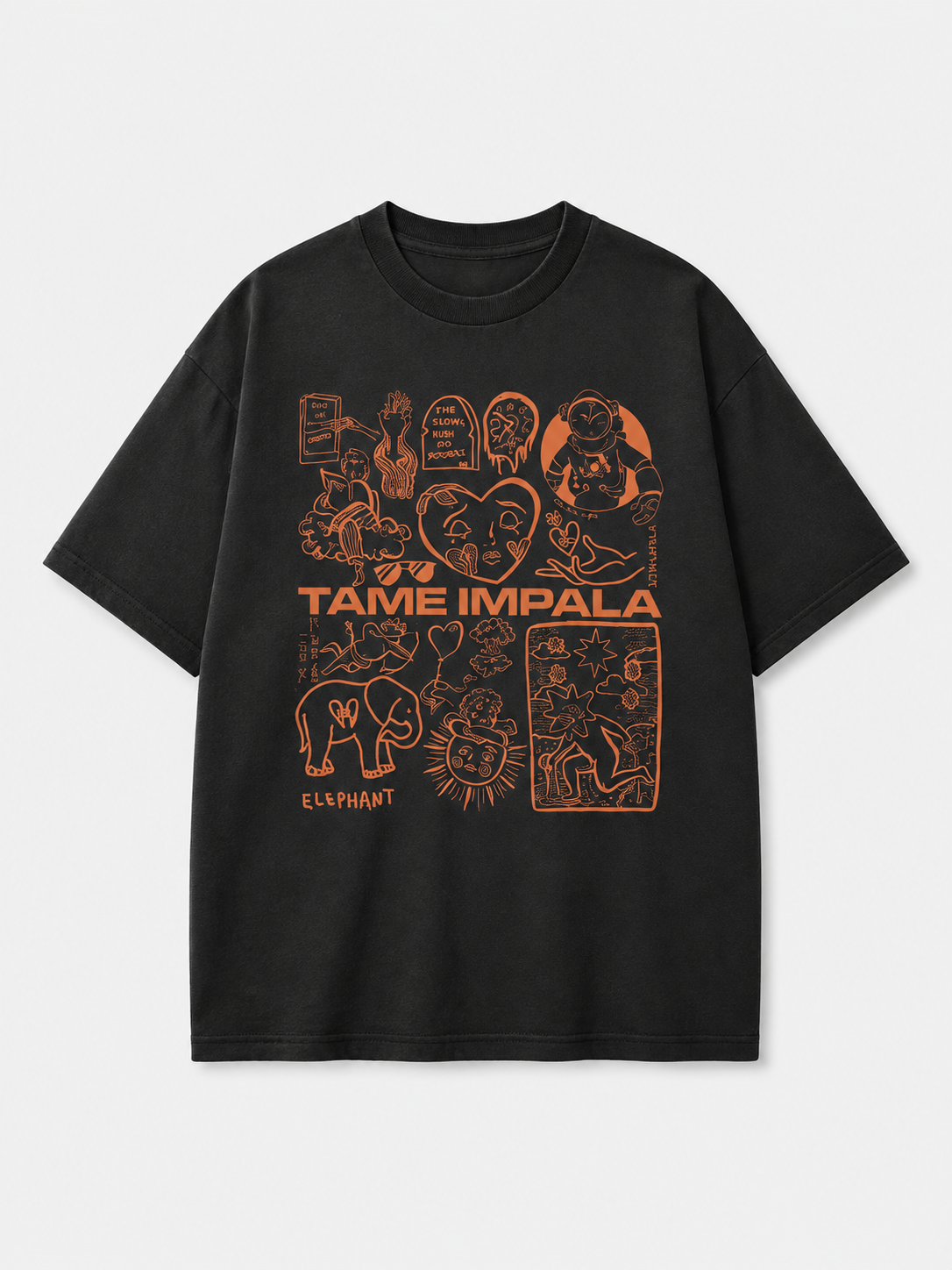 Psychedelic Rock-Themed Distressed Black Short-Sleeve T-Shirt – 100% Cotton, Oversized, Vintage Hand-Drawn Graphic – Casual Tee for Fans and Collectors
