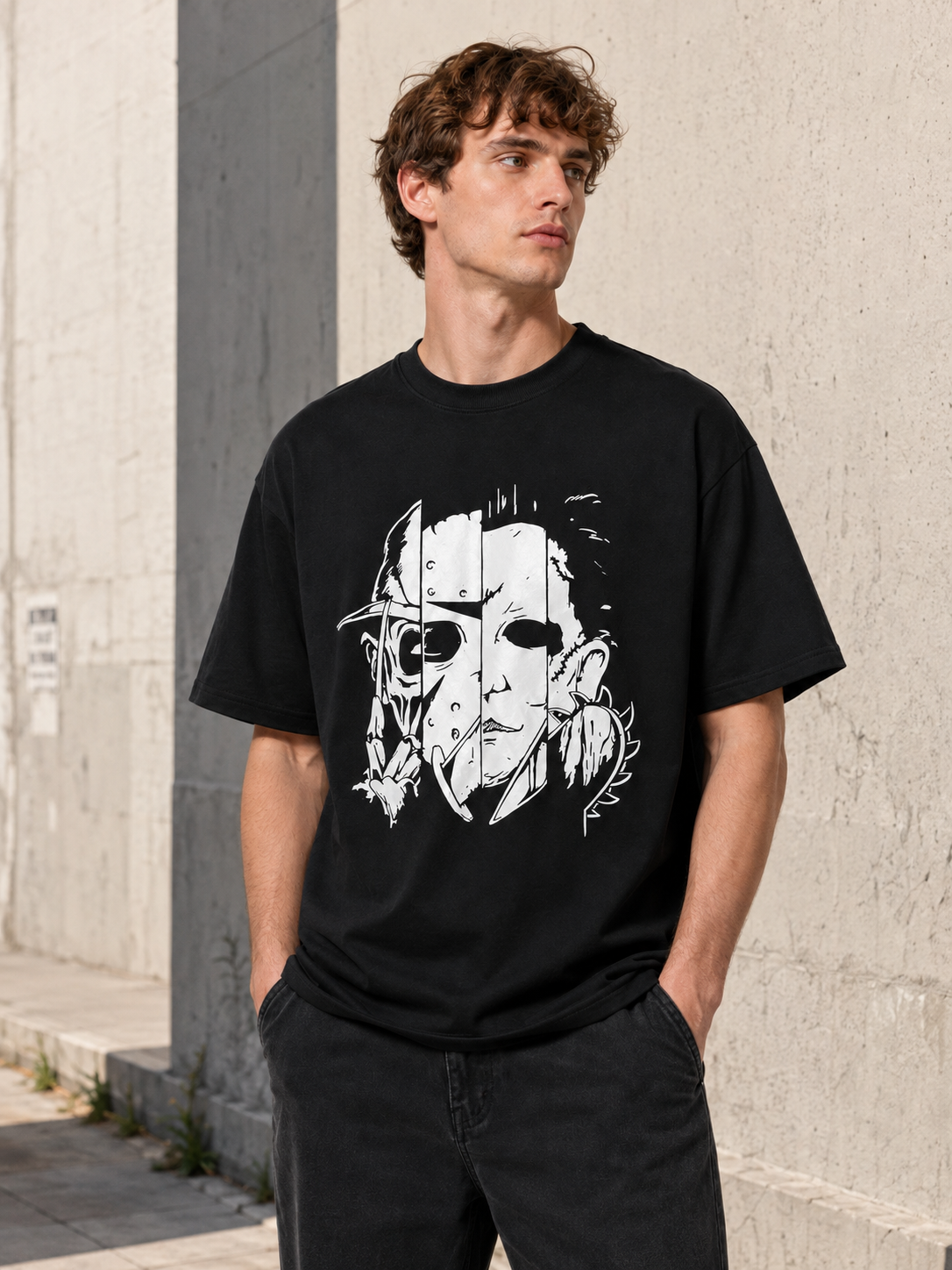 Distressed Black Oversized T-Shirt – Dark Halloween Theme – 100% Cotton – Casual Tee for Horror Movie Fans