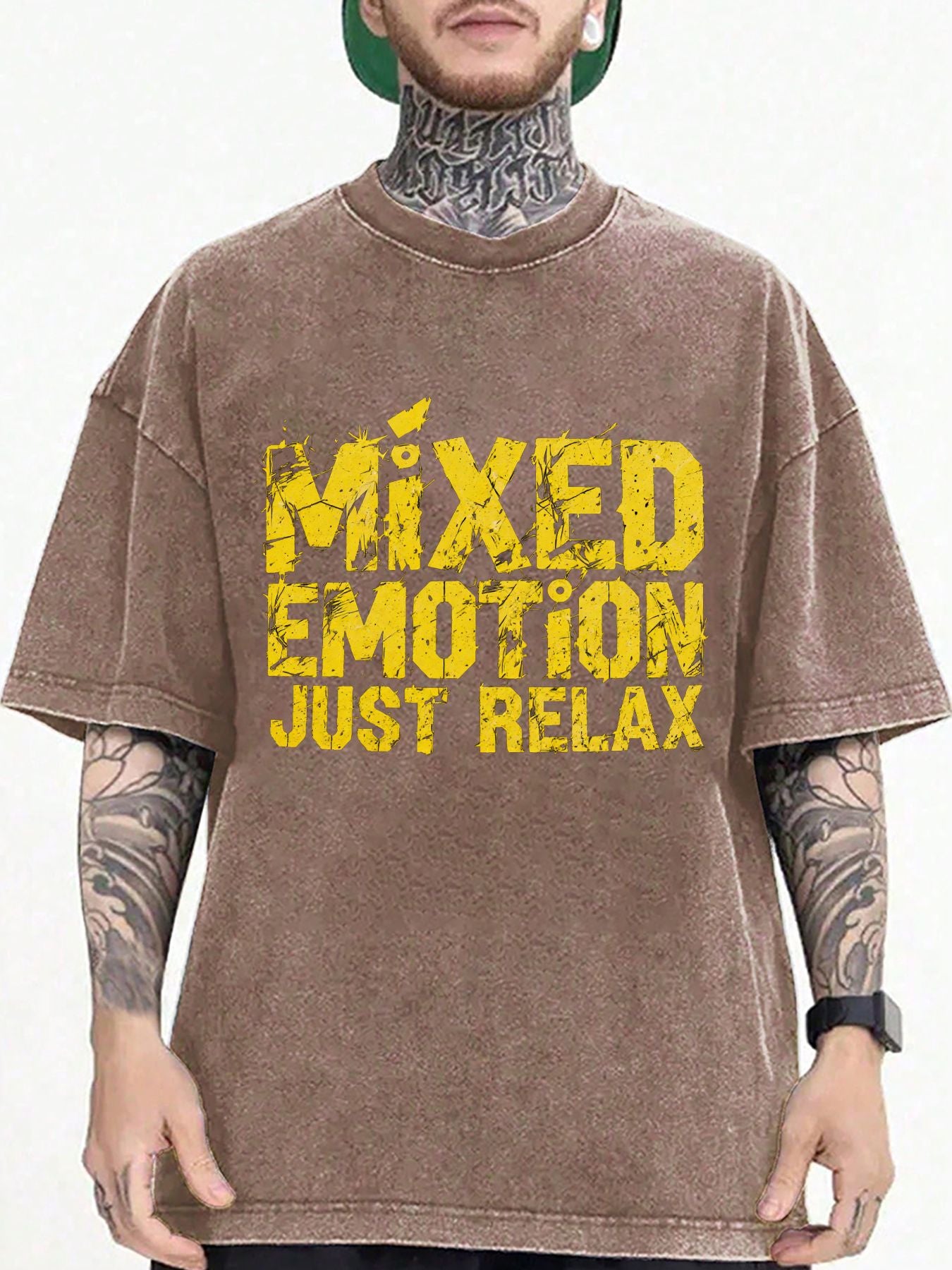 Men's 100% Cotton Oversized Vintage T-Shirt with Distressed Yellow Trash Print & Soft Washed Black Crew Neck - Loose Hip-Hop Streetwear Style Casual Shirt, Yellow Graphic Tee for all-Season