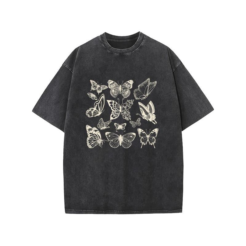 Washed T-shirt Retro Butterfly Comfort Color Shirt, Retro Butterfly Shirt Butterfly T-shirt Checkered Bow