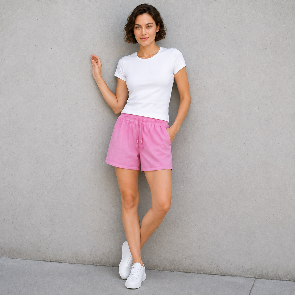 American vintage-style "dirty wash" shorts; distressed, faded, cotton-feel athletic shorts; versatile, casual unisex style.