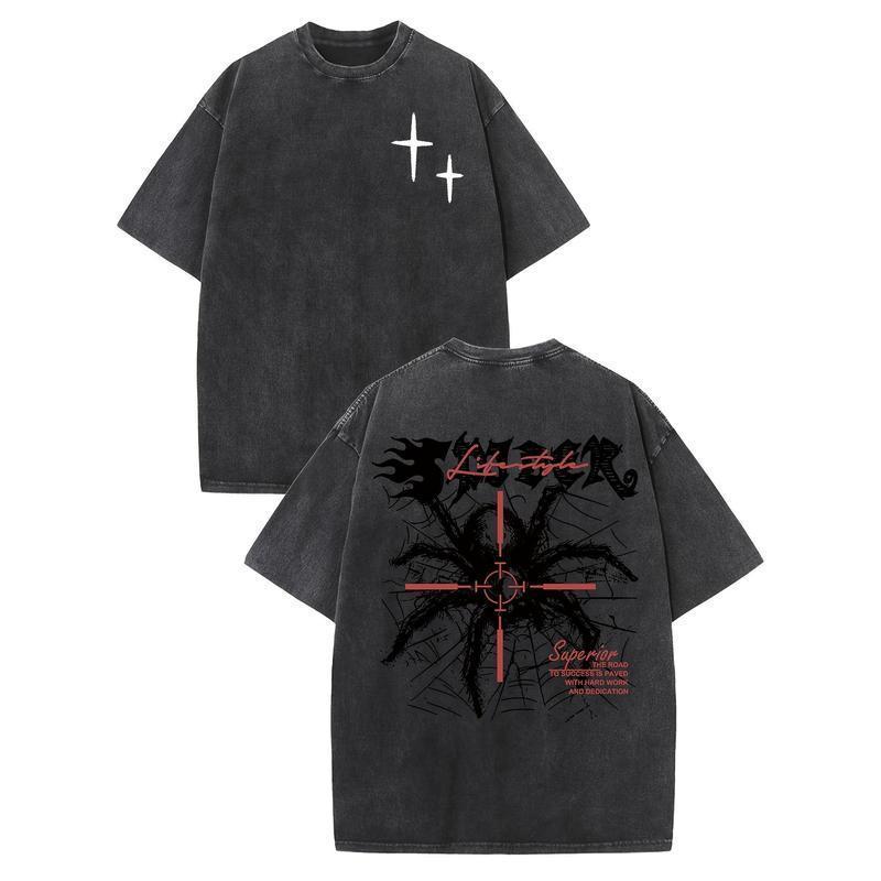Washed Cotton Men's Retro Street Wear Basic T-shirt Retro Harajuku Street Spider Double Sided Print Pattern Loose Fit Short Sleeved Round Neck Summer Outdoor Top Menswear Vintage