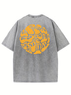 Men's  Style Washed Washed Cotton T-shirt, Unique Orange Abstract Printing, Short Sleeve and Round Neck-Comfortable Summer Casual Wear