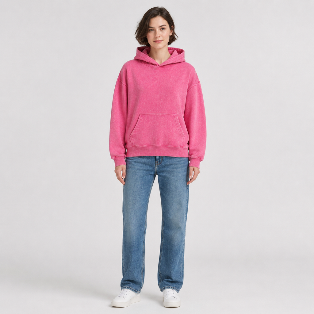 Vintage-wash distressed hooded sweatshirt—a versatile, relaxed-fit casual jacket with a laid-back, dropped-shoulder style.