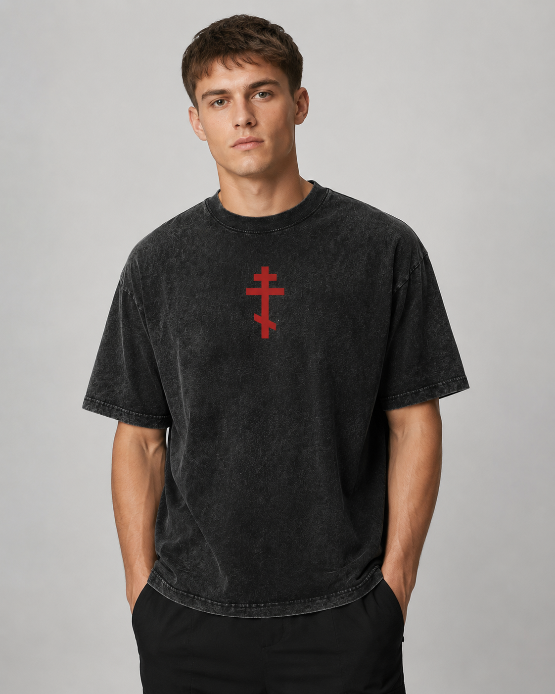 Vintage-Washed Short-Sleeve T-Shirt | "Twelve Holy Martyrs" Cross – Dark Religious Motif – Double-Sided Print – Oversized Unisex Fit