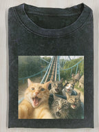 Men's & Women's Vintage Roller Coaster Cat T-Shirt - Distressed Washed 230g Retro Tee with Roller Coaster & Cat Design, Round Neck Short Sleeve, Machine Washable Casual Top Suitable for All-Season Wear, Giftable Street Style Apparel