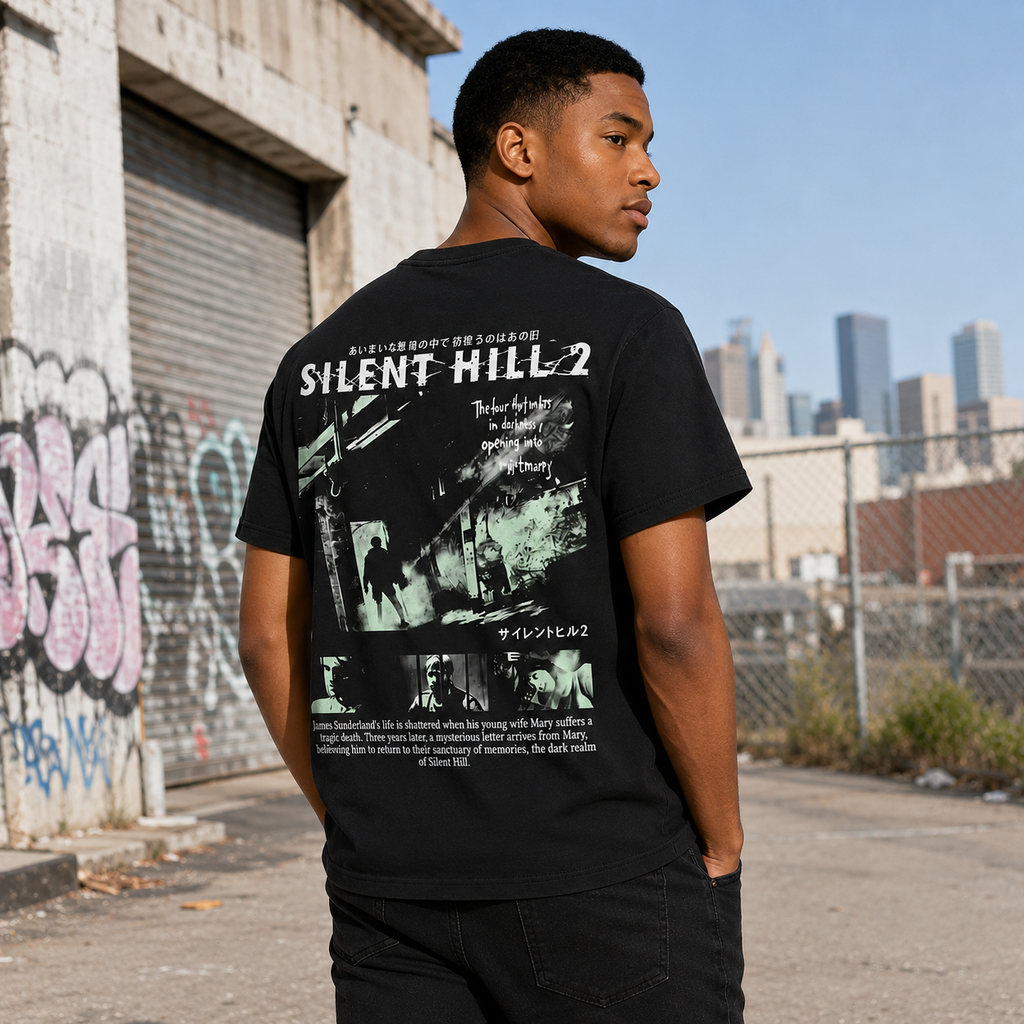 Horror-themed distressed black short-sleeve T-shirt; 100% cotton, oversized fit; *Silent Hill 2* poster-style vintage casual tee.