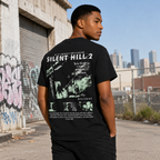 Horror-themed distressed black short-sleeve T-shirt; 100% cotton, oversized fit; *Silent Hill 2* poster-style vintage casual tee.