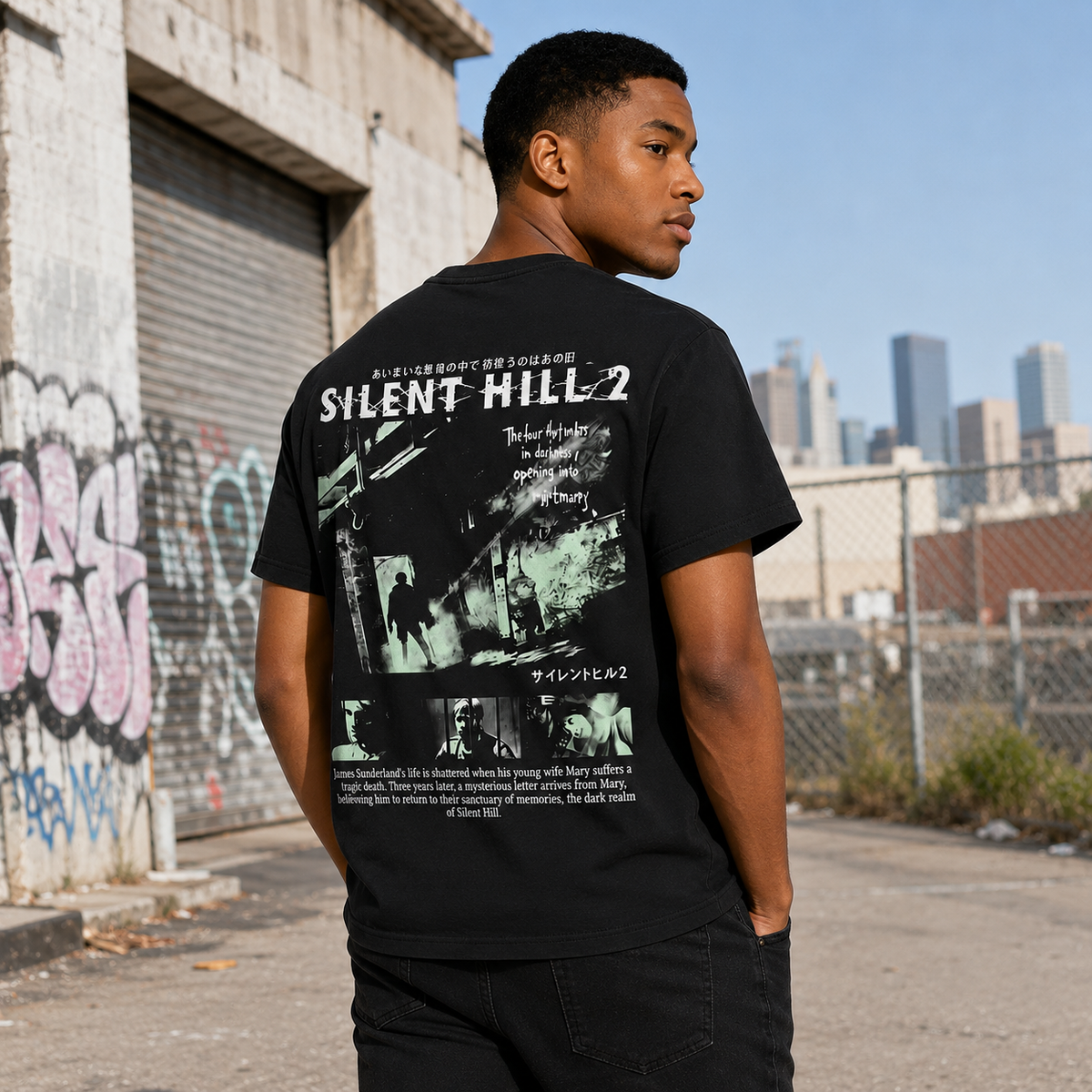 Horror-themed distressed black short-sleeve T-shirt; 100% cotton, oversized fit; *Silent Hill 2* poster-style vintage casual tee.