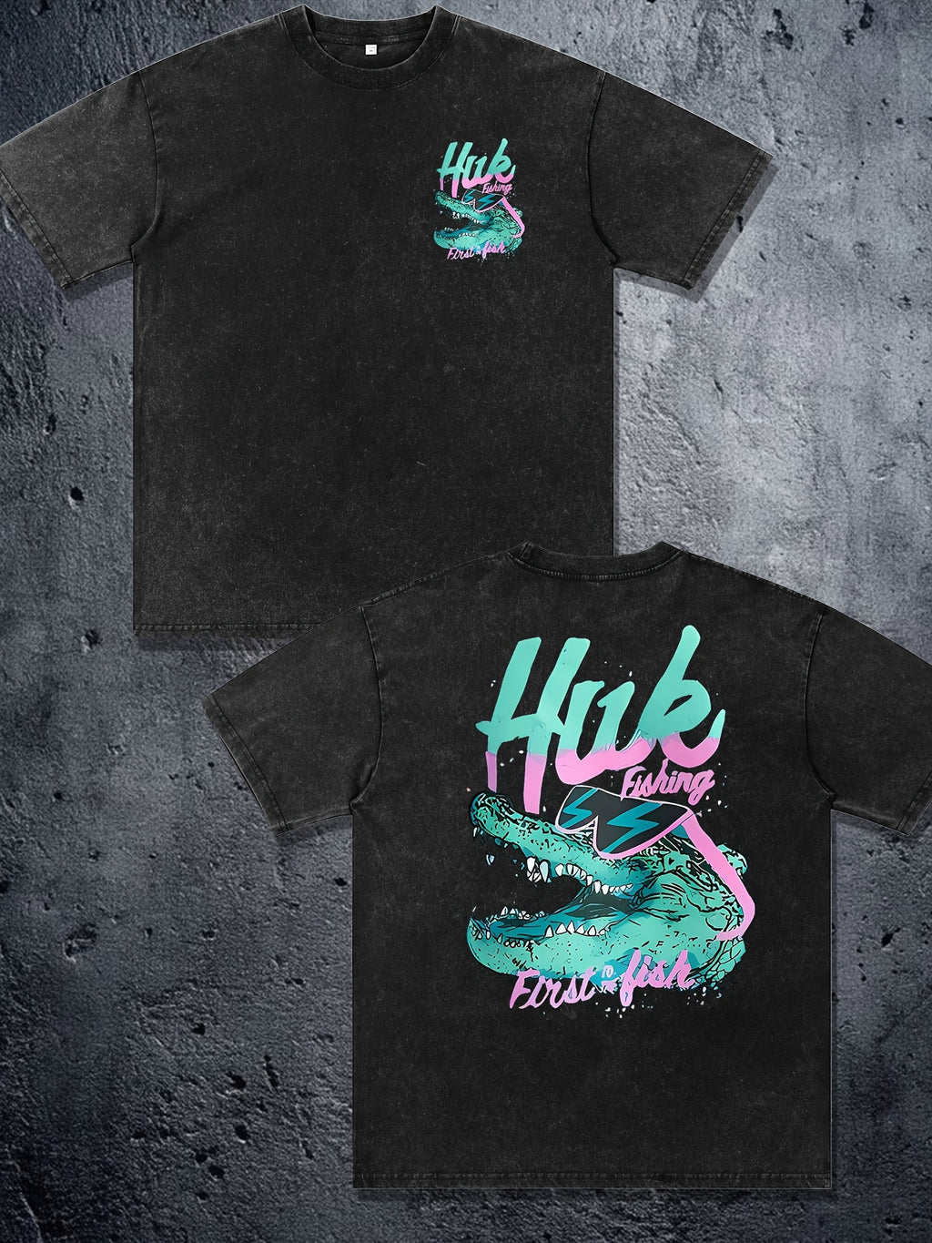 Huk Fishing First Fish Pattern Double-Sided Print | 230g Men'S Washed Vintage Loose Summer Casual Short-Sleeve T-Shirt | Crew Neck, Slight Stretch, All-Season, Great Gift for Street Wear