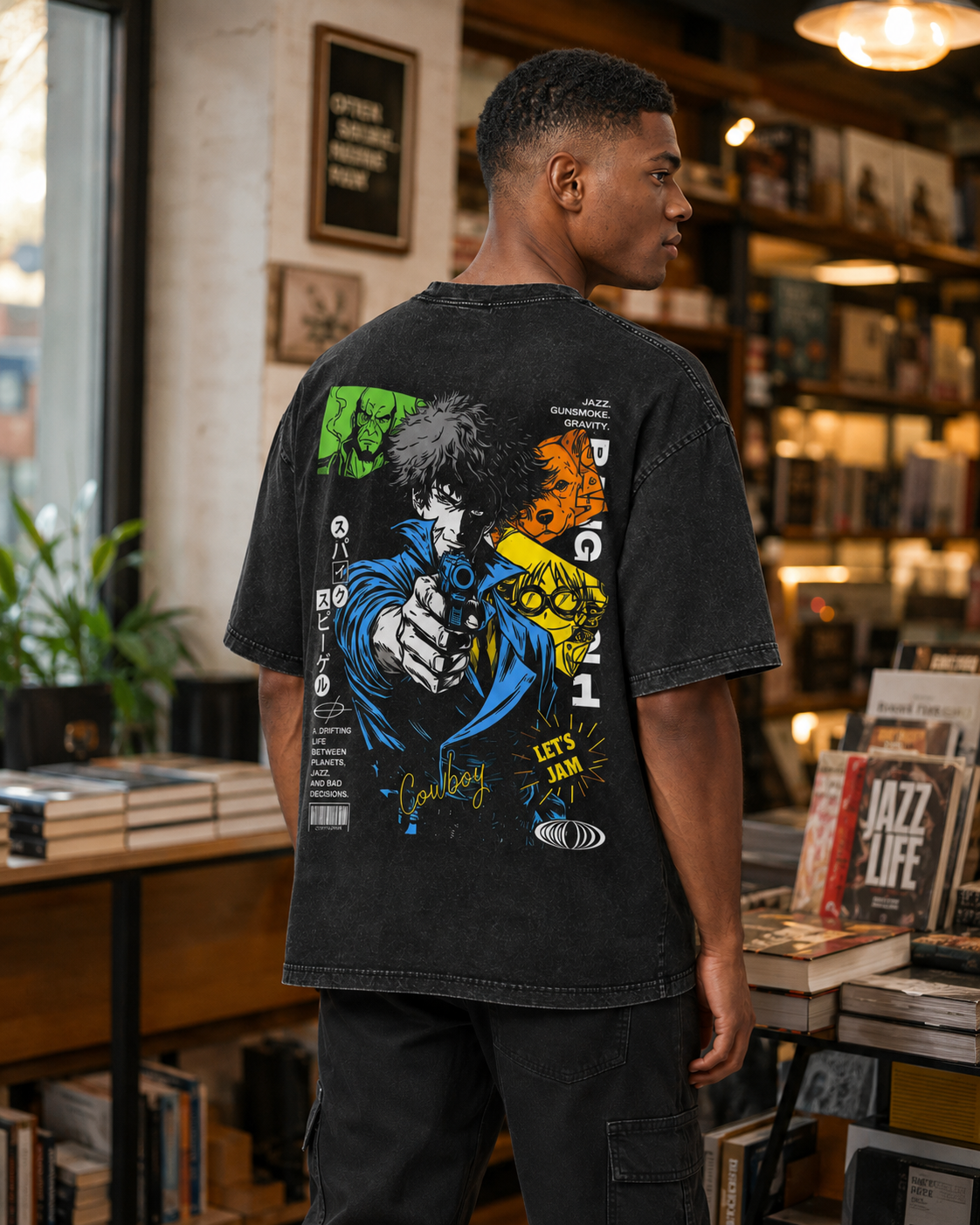 Vintage-Wash Short-Sleeve T-Shirt | Cowboy Bebop Double-Sided Print (Retro Cyber-Manga Style) | Unisex Oversized Fit