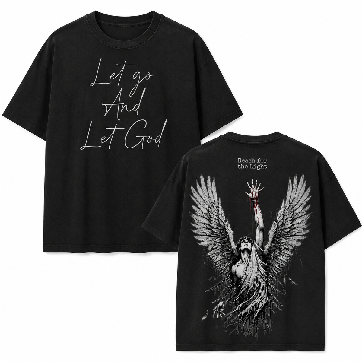 Faith-themed distressed black short-sleeve T-shirt: 100% cotton, oversized, double-sided print, vintage casual religious style.