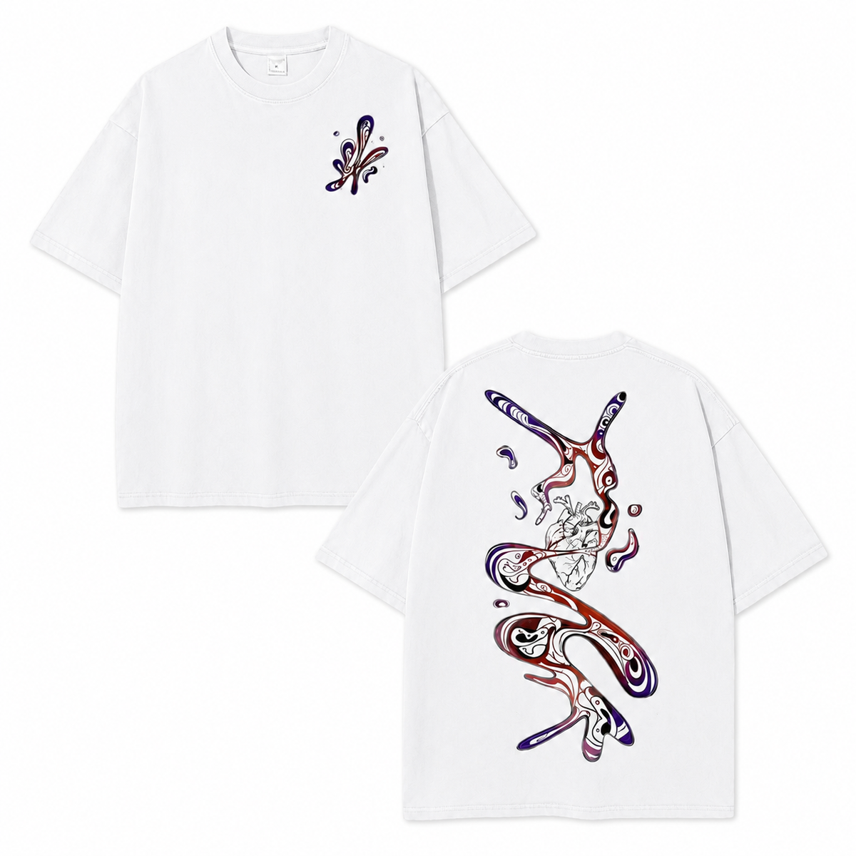 Vintage-Wash Oversized Short-Sleeve T-Shirt | Abstract Art Double-Sided Print (Snake Entwined Around Heart) | Subculture Style | Unisex