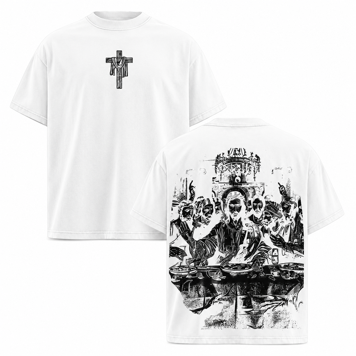 Vintage-Wash Short-Sleeve T-Shirt | "The Last Supper" & Cross Double-Sided Print | Religious/Faith-Inspired Style | Oversized Unisex Fit