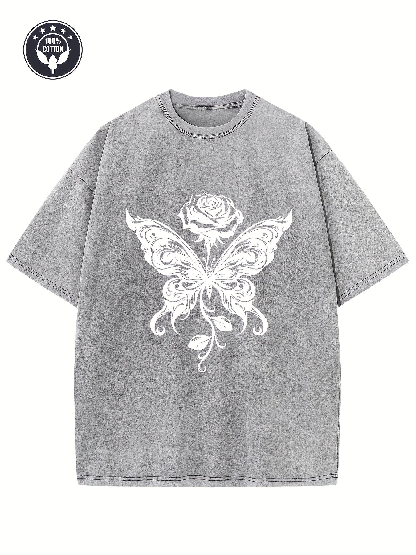 Men'S & Women'S Vintage Heavyweight 230gsm Oversized T-Shirt - & Butterfly & Rose Graphic Print, Drop Shoulder Relaxed Fit, Unisex Streetwear Hip-Hop Tee for Casual Casual Attire, All-Season Comfort, Machine Washable Vintage Washed Texture (Men'S &