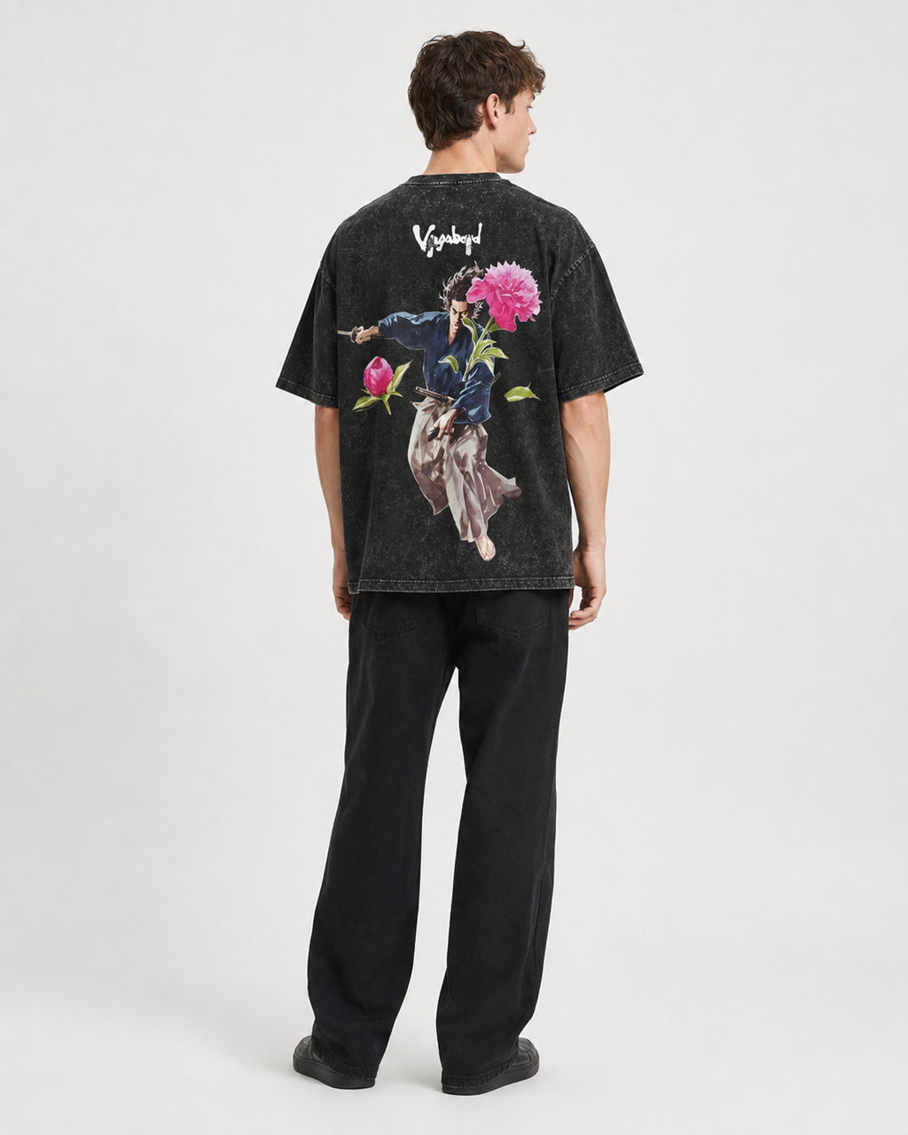 Vintage-Wash Short-Sleeve T-Shirt | "Vagabond" Samurai & Peony Double-Sided Art Print | Unisex Oversized Fit