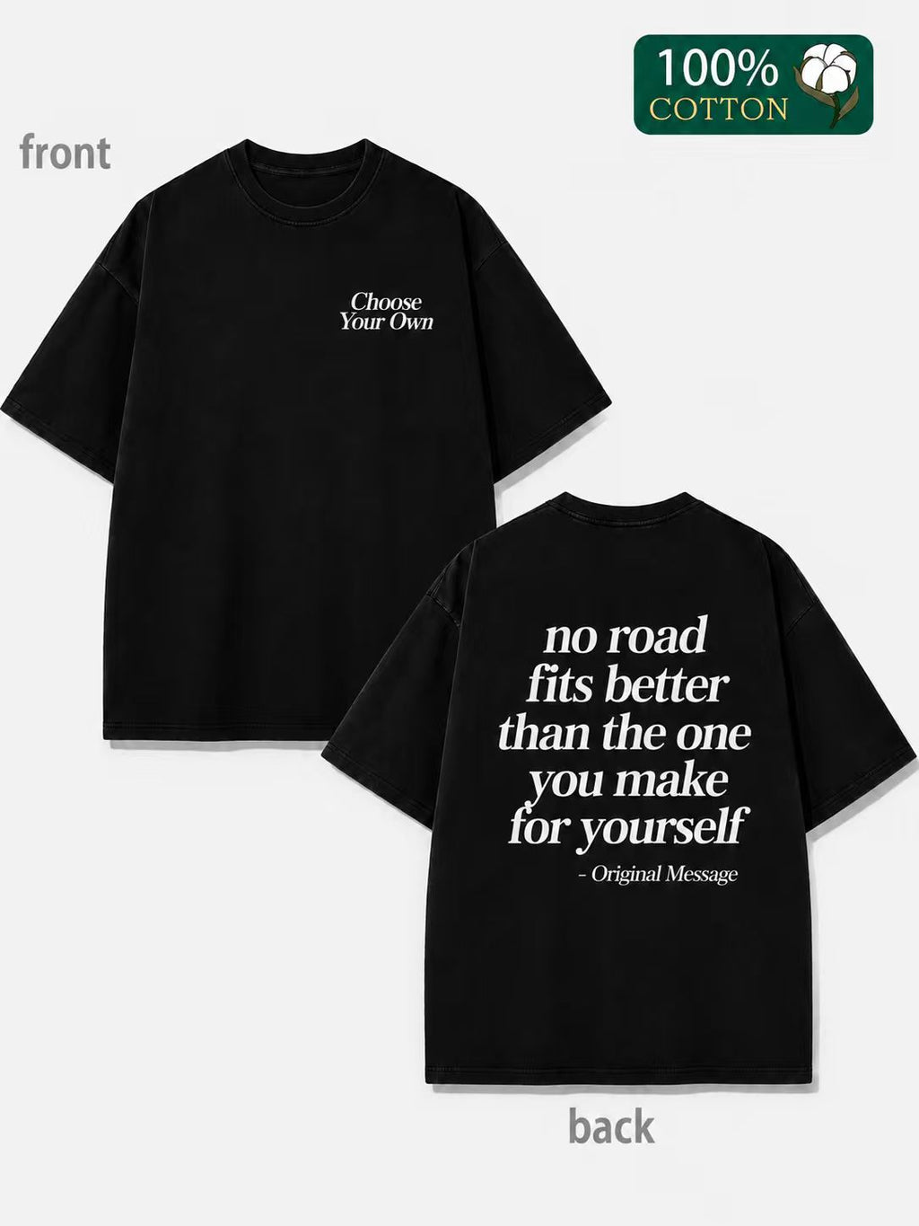 Heavyweight Pure Cotton Oversized T-Shirt – Washed & Distressed Finish, Double-Sided Print with Motivational Slogan; Minimalist American-Style Streetwear Top