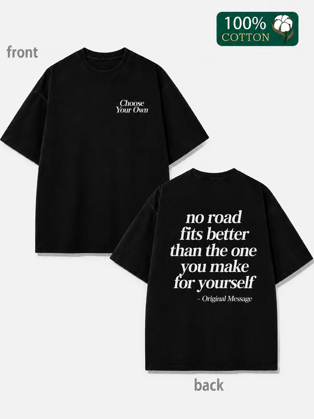 Heavyweight Pure Cotton Oversized T-Shirt – Washed & Distressed Finish, Double-Sided Print with Motivational Slogan; Minimalist American-Style Streetwear Top