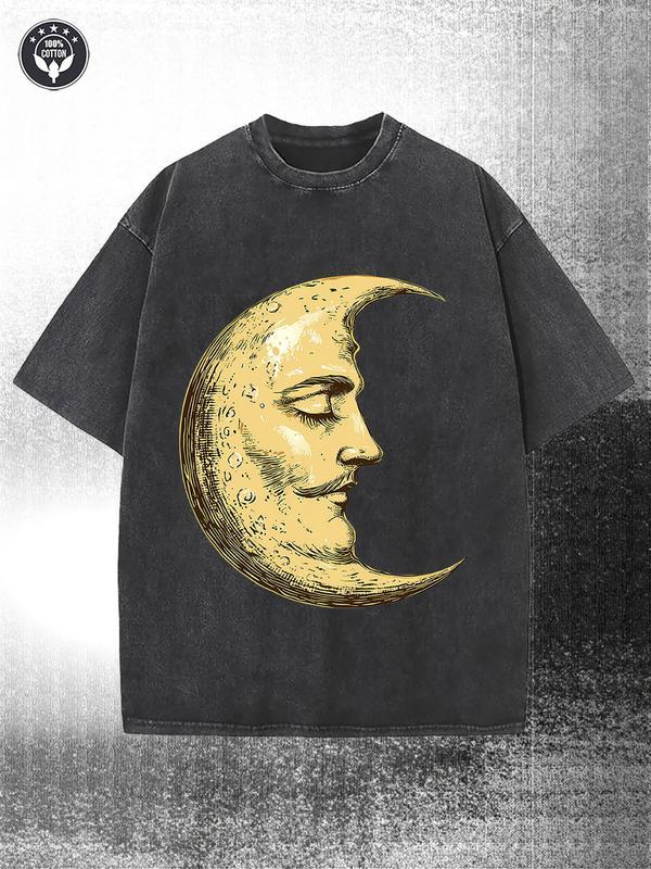 Couples Vintage Washed Print T Shirt Moon Face Graphic Gold Tone Crew Neck Short Sleeve Regular Fit Straight Hem Artistic Design