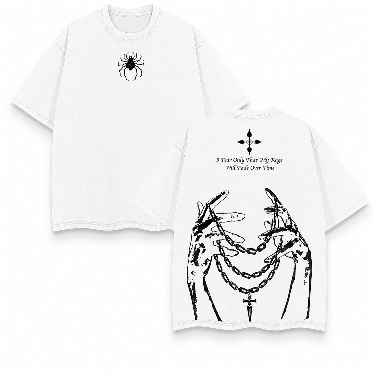 Vintage-Wash Short-Sleeve T-Shirt | Dark Subculture Graphic (Spider, Chains, Hands, Cross) — Double-Sided Print — Unisex Oversized Fit