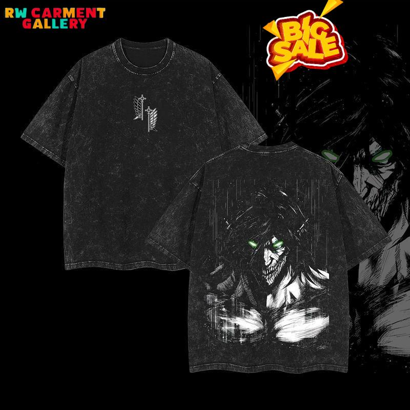 Attack On Titan Titan Eren Yeager Titan Form AOT Anime Manga game Double Printed Vintage Washed Tee Unisex Cotton graphic tees 90s Top streetwear T-shirt TikTokShopBlackFriday