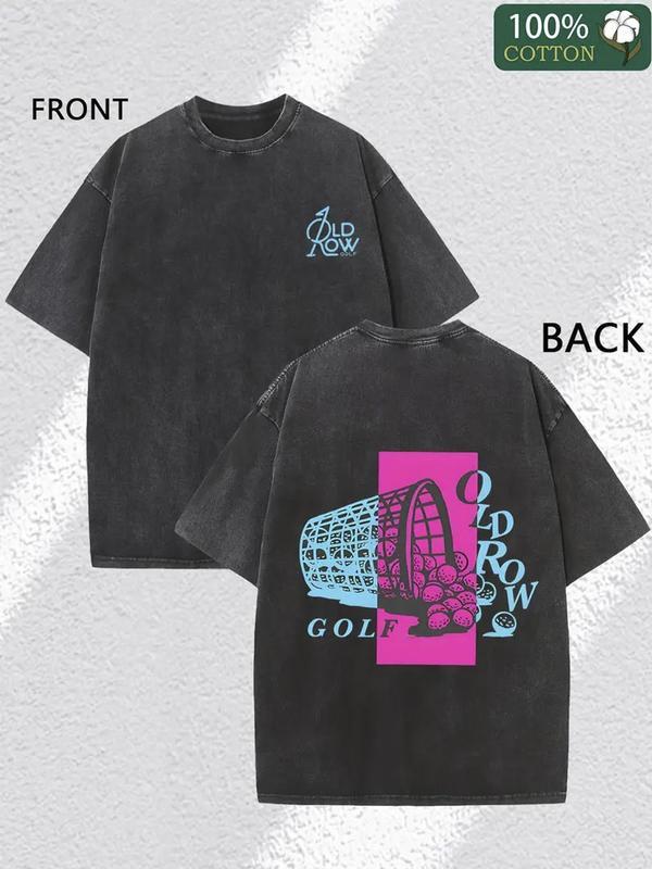 Couples Vintage Washed Print T Shirt Golf Ball Bucket Graphic Neon Pink Blue Design Round Neck Short Sleeve Oversized Relaxed Fit Straight Hem Casual Wear