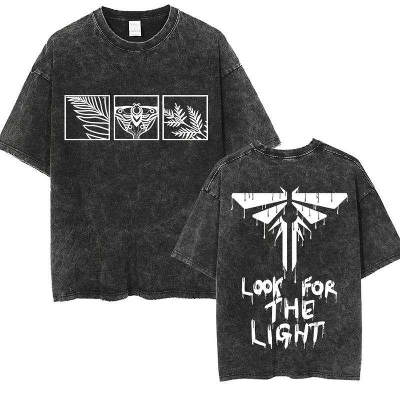 The Last of Us Look for The Light Firefly Fashion Washed T Shirt Mens Women Harajuku Vintage High Street Tees Menswear Top Distressed Festive Streetwear Tropical Crewneck Shortsleeve Casual Tshirt