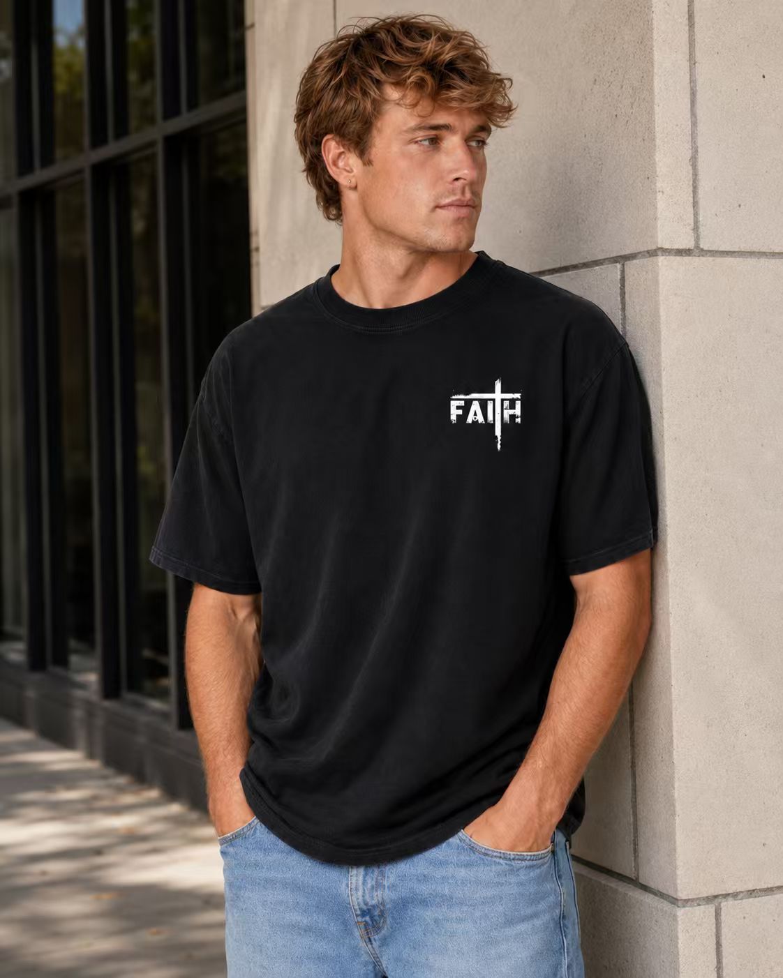 Men's Pure Cotton Vintage "FAITH" T-Shirt – Loose Fit, Drop-Shoulder, Short Sleeve – Tree of Life Cross Print